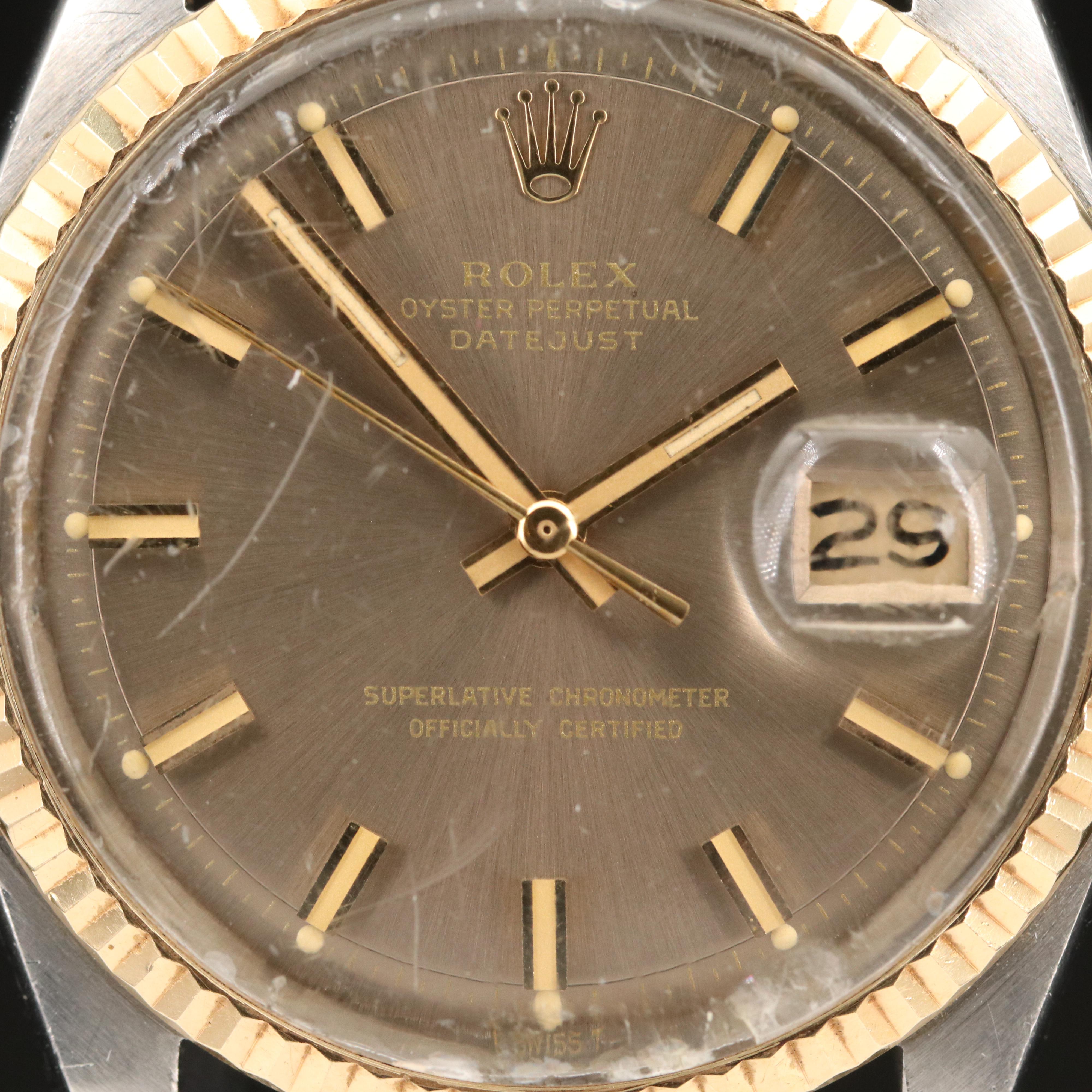 1971 Rolex Datejust 18K and Stainless Steel Watch with Gray Pie Pan Dial