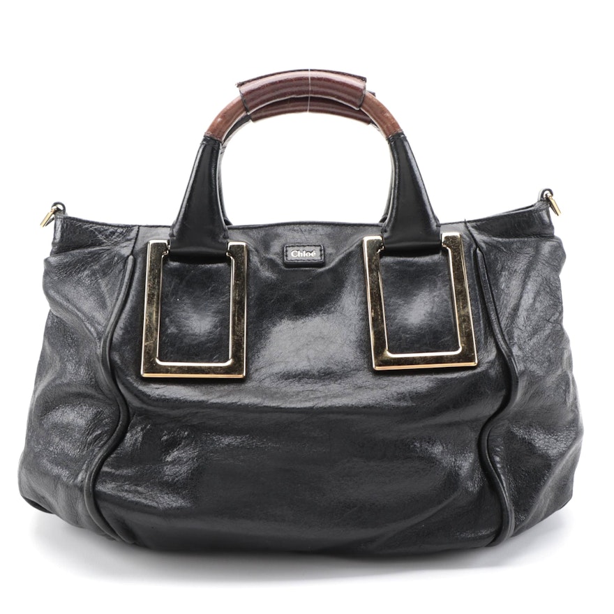 Chloé Elsie Black Leather Two-Way Satchel with Brown Accent Handles