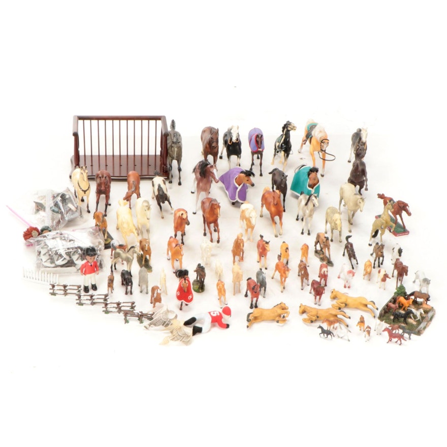 Breyer, Hartland and Other Plastic Horses with Display Shelf and Landscaping