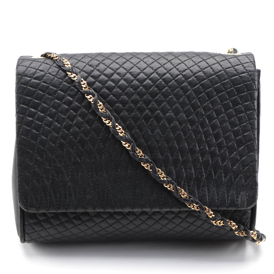 Bally Quilted Black Leather Front Flap Crossbody Bag with Interwoven Chain Strap