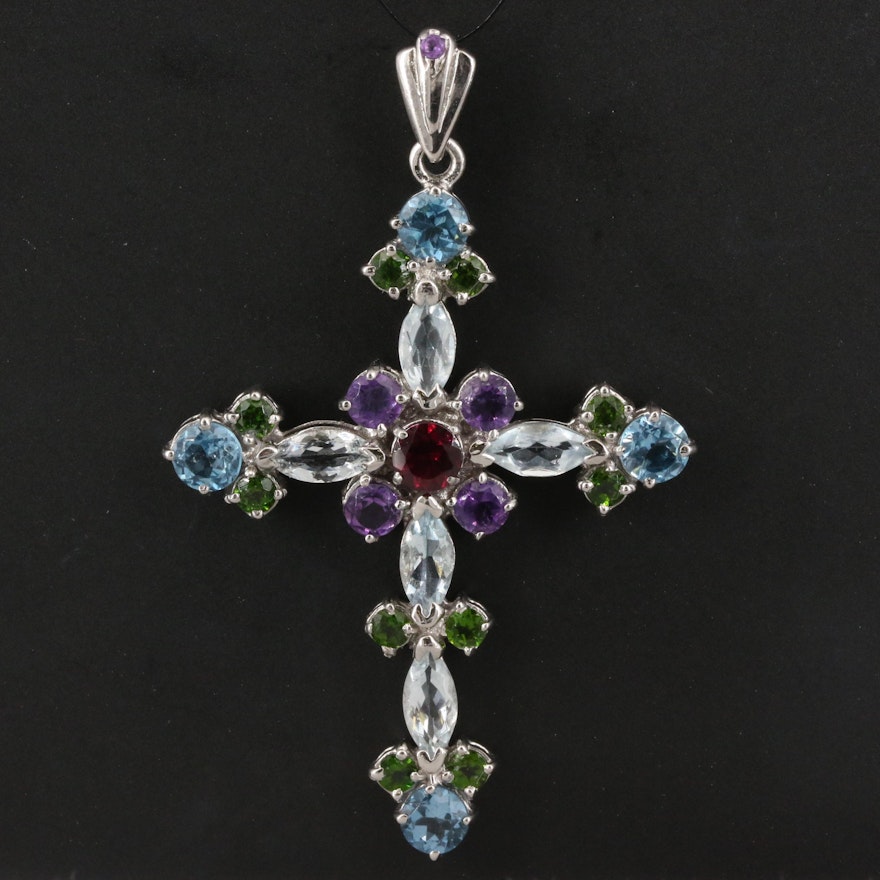 Sterling Cross Pendant Featuring Topaz, Garnet and Amethyst