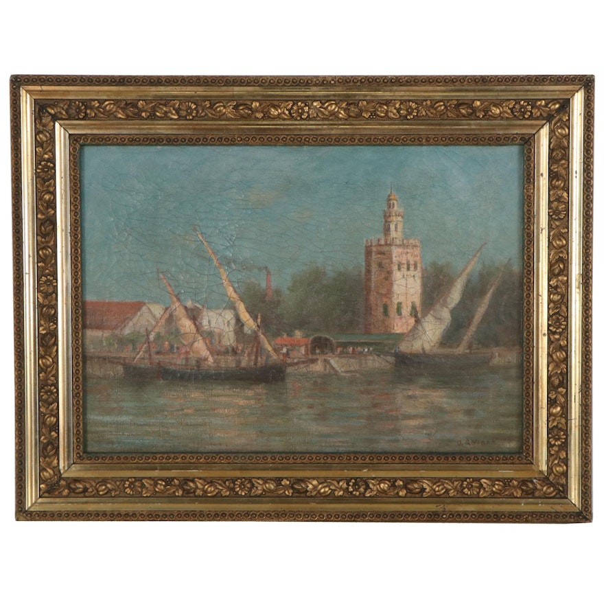 Otis Weber Maritime Oil Painting of Port, Late 19th Century