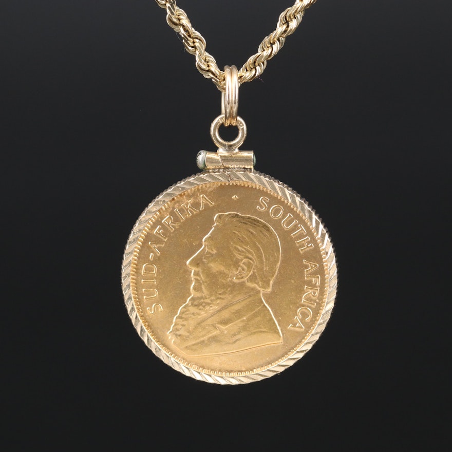 21K 1982 South Africa Krugerrand Bullion Coin Pendant on 14K Rope Chain Necklace