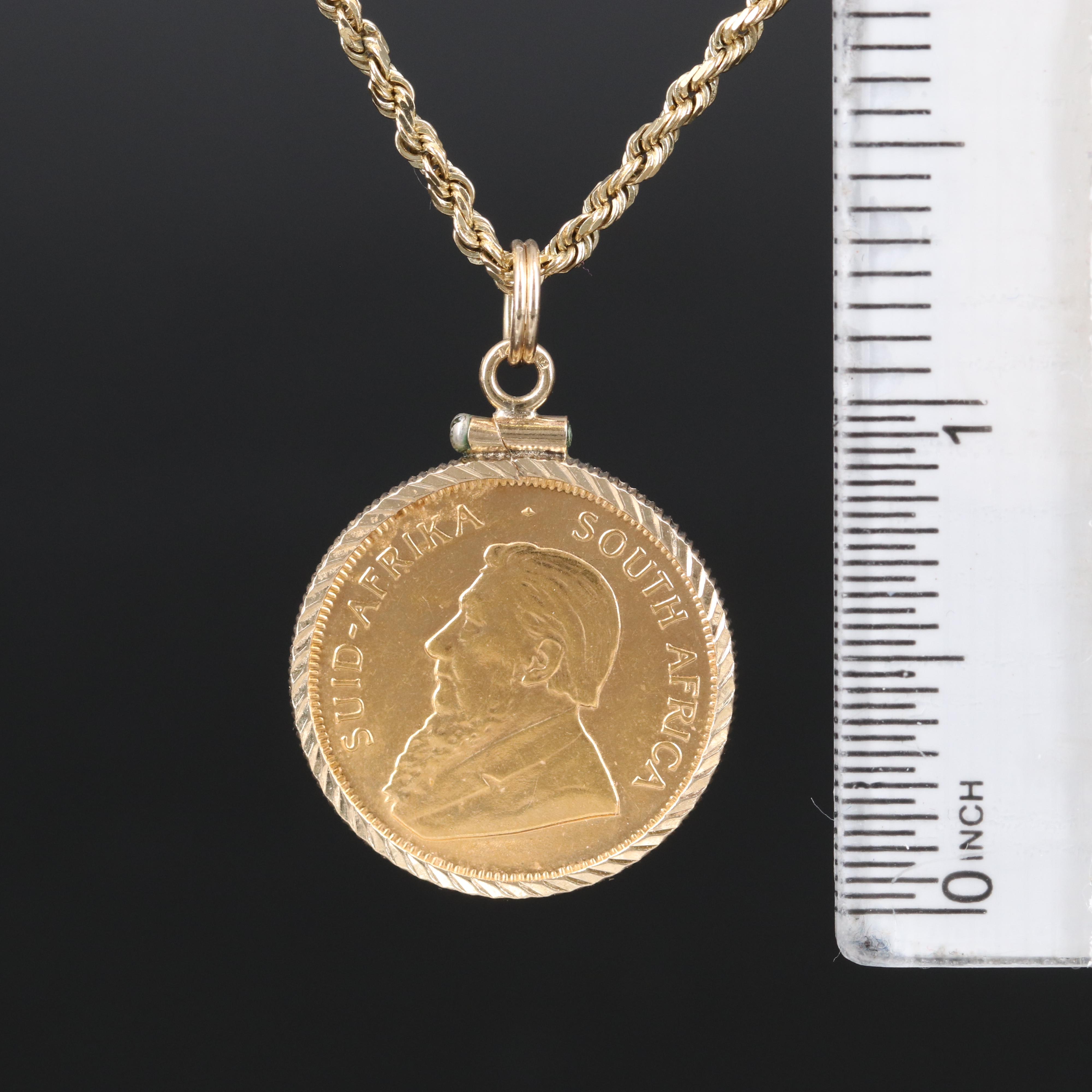 21K 1982 South Africa Krugerrand Bullion Coin Pendant on 14K Rope Chain Necklace