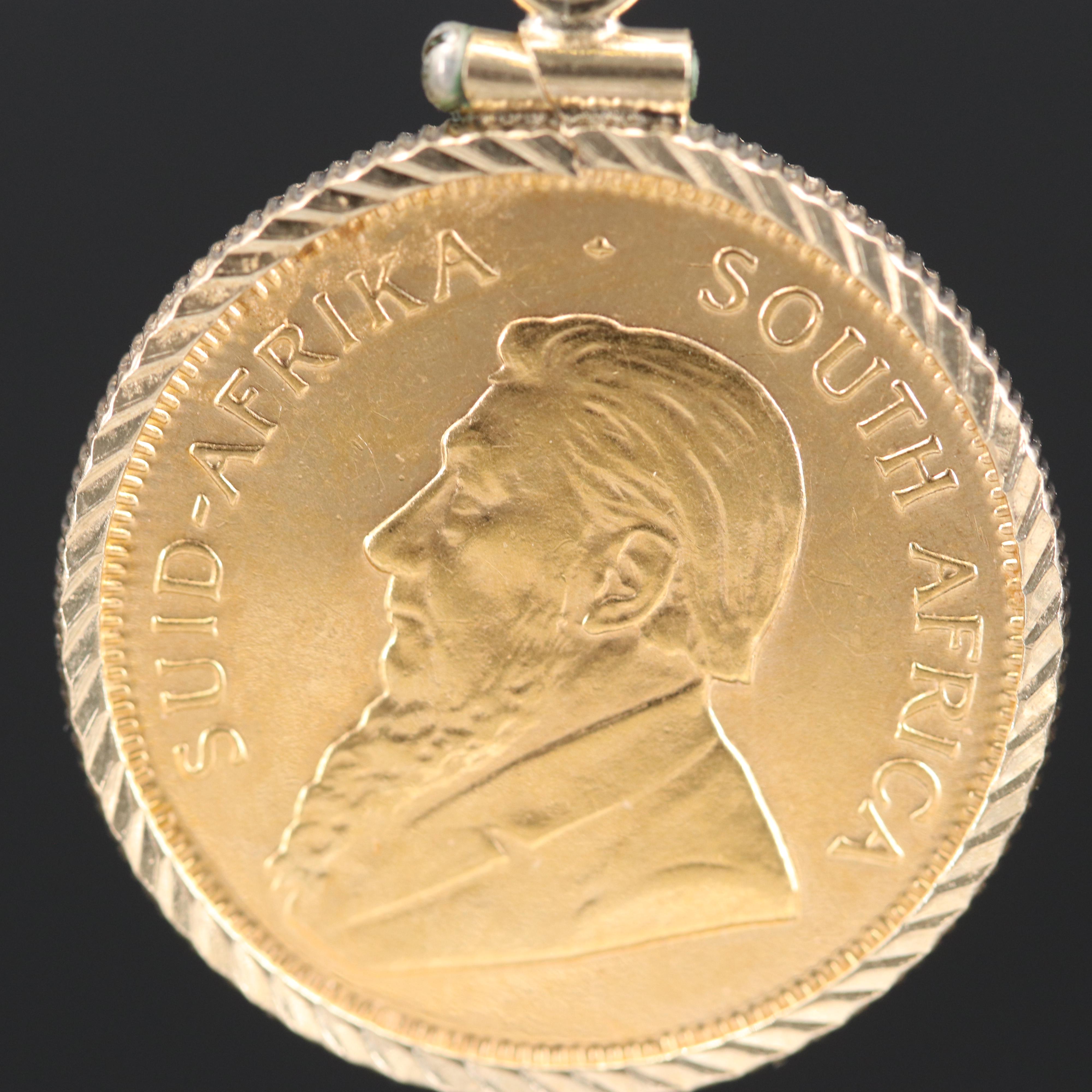 21K 1982 South Africa Krugerrand Bullion Coin Pendant on 14K Rope Chain Necklace