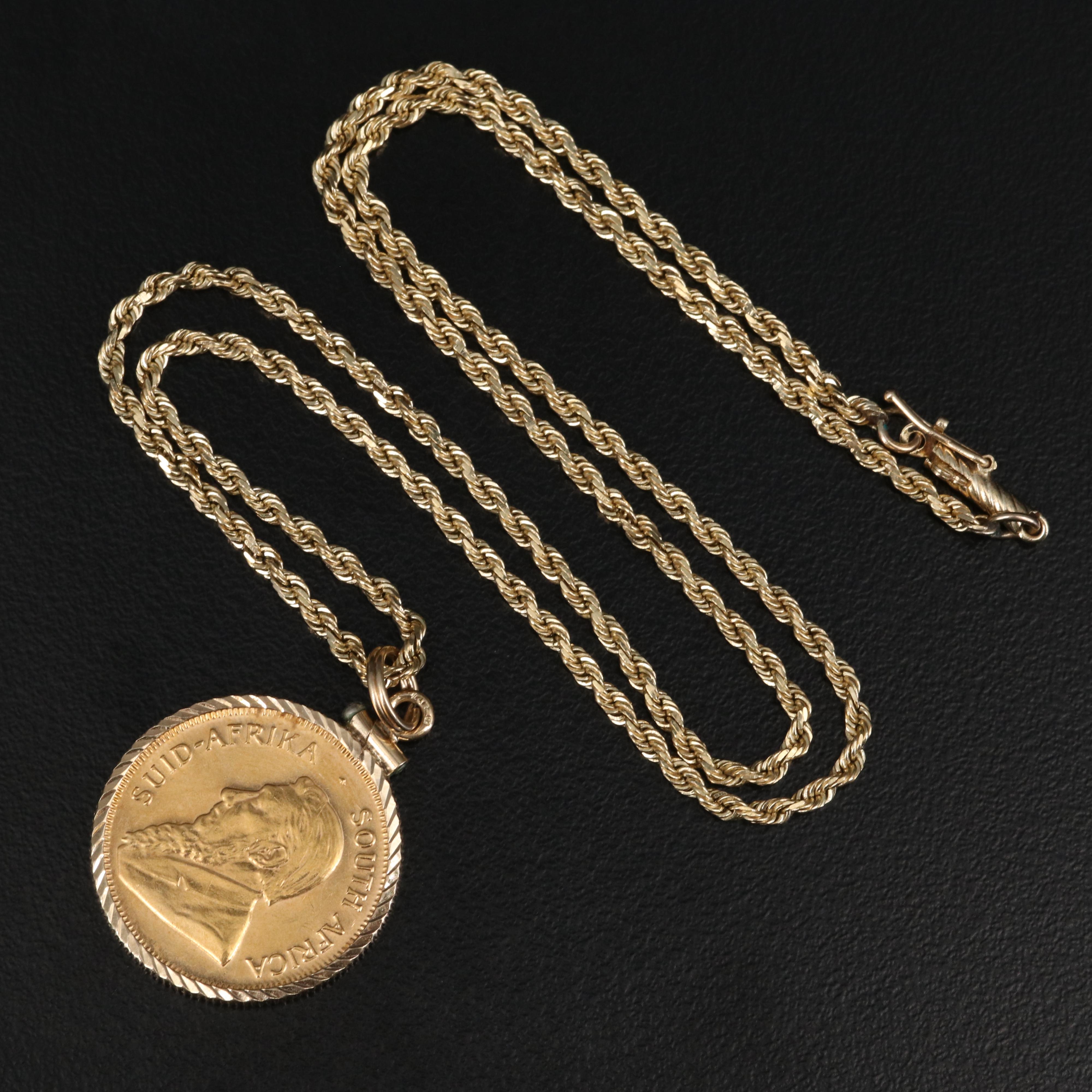 21K 1982 South Africa Krugerrand Bullion Coin Pendant on 14K Rope Chain Necklace