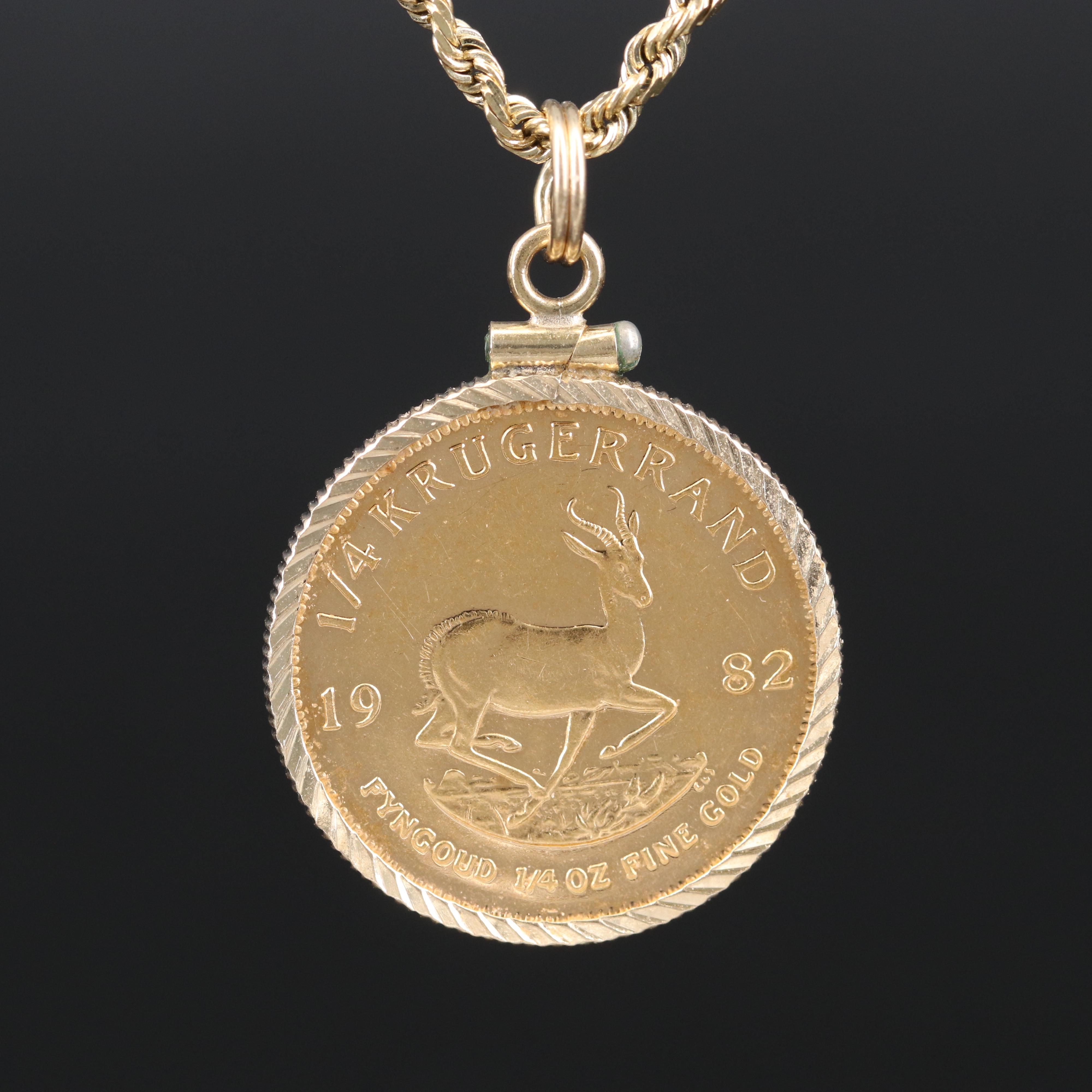 21K 1982 South Africa Krugerrand Bullion Coin Pendant on 14K Rope Chain Necklace