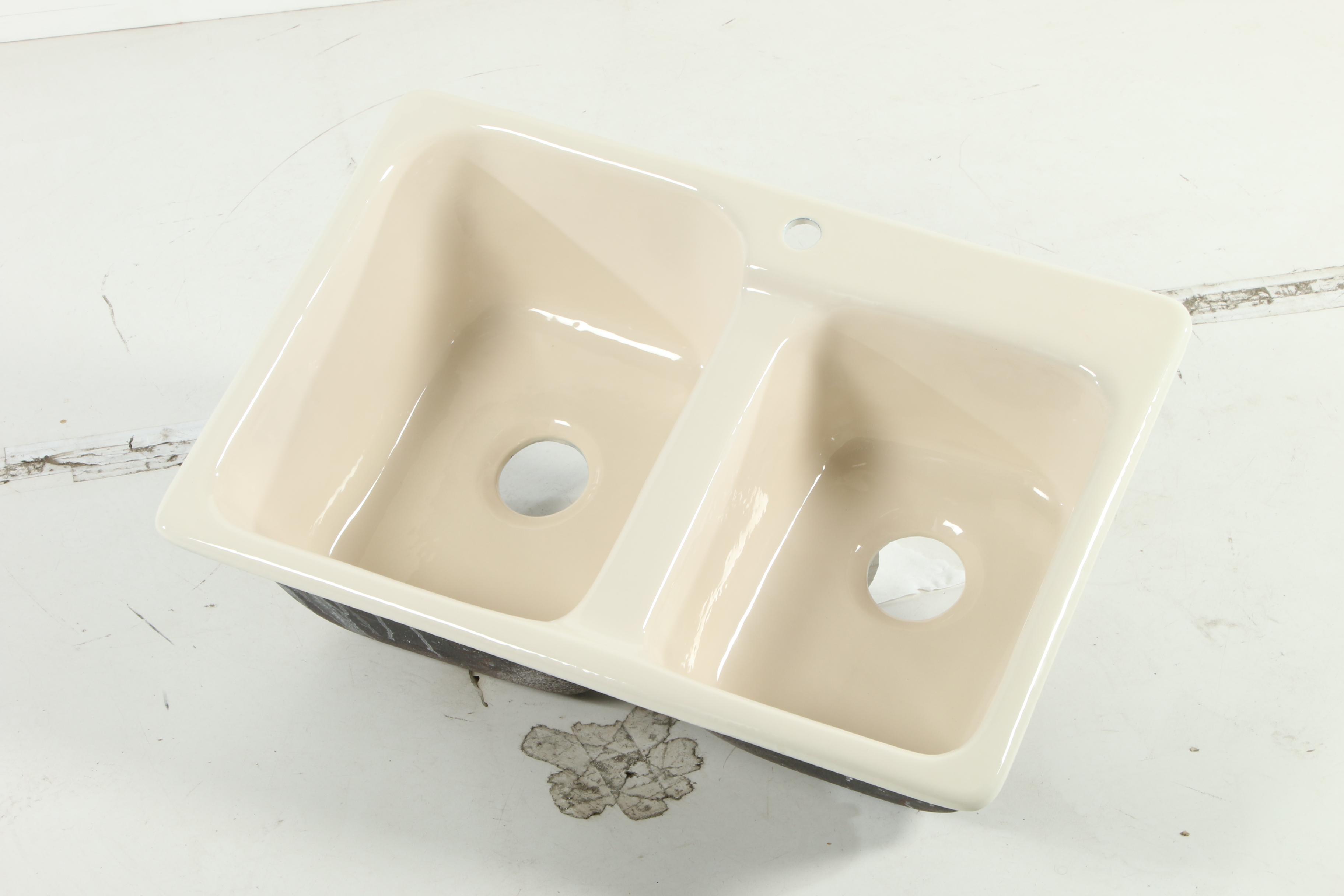 33" "Elgin" Double Bowl Cast Iron Drop-in Single Faucet Kitchen Sink in Biscuit