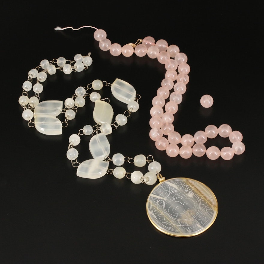 Rose Quartz and Agate Bead Necklaces with 14K Accent