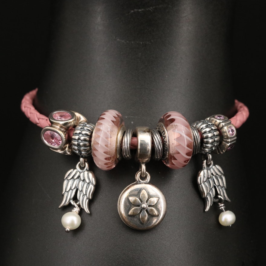 Pandora Braided Leather and Sterling Gemstone and Lampwork Glass Charm Bracelet