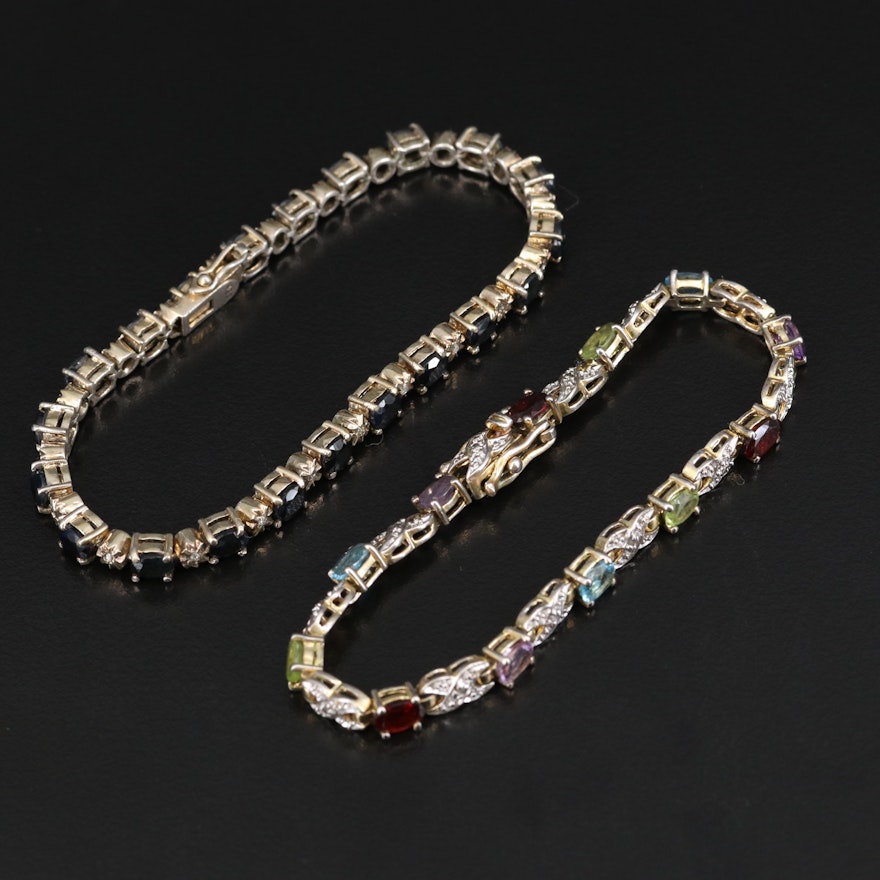 Sterling Sapphire, Diamond and Gemstone Link Bracelets