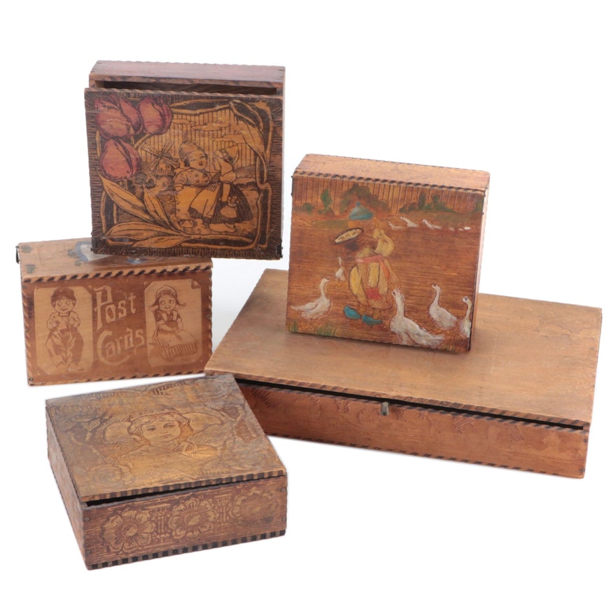 Pyrography Wooden Post Card and Other Hinges Boxes, Early 20th Century