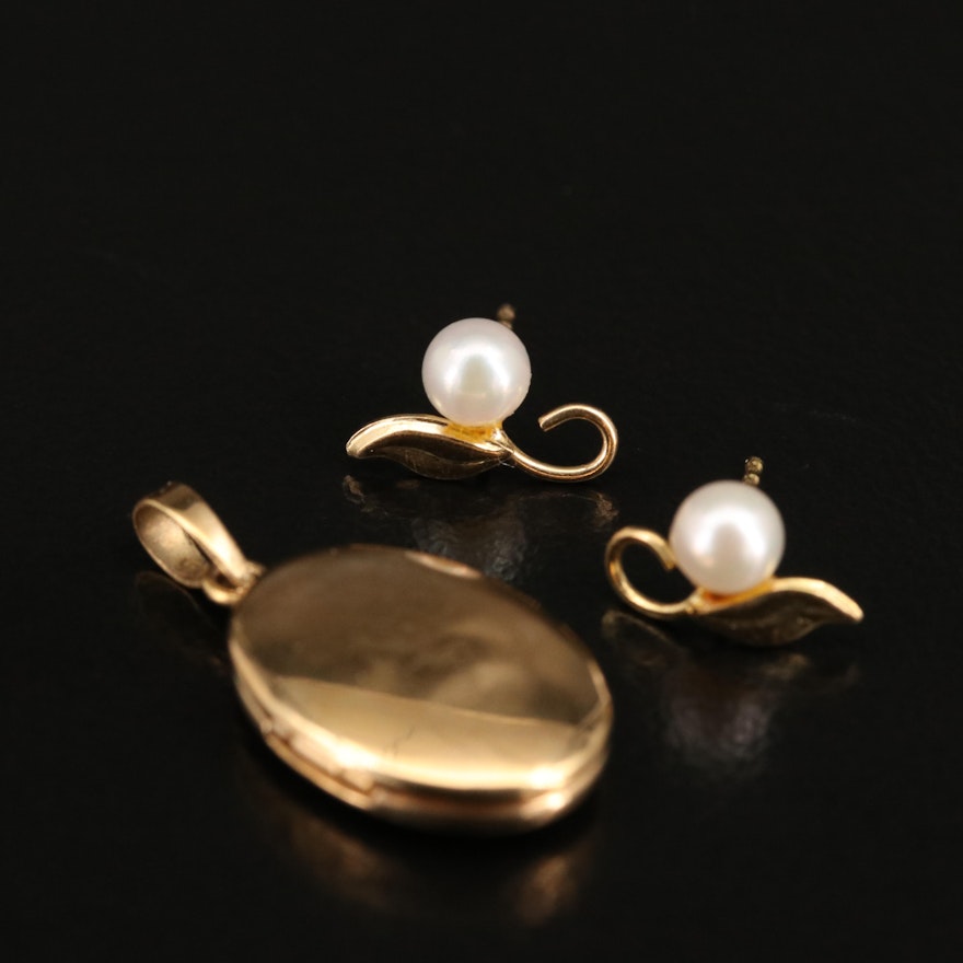 14K Pearl Stud Earrings and Locket Pendant