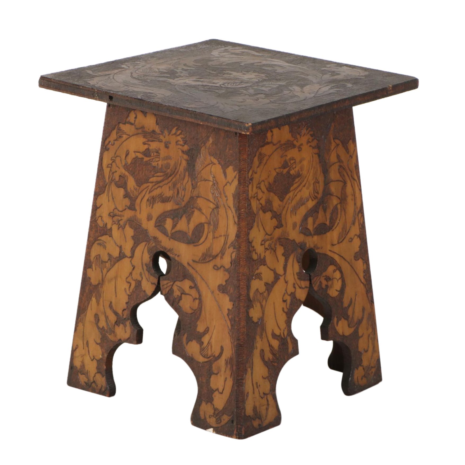 Arts and Crafts Pyrography Side Table, Early 20th Century