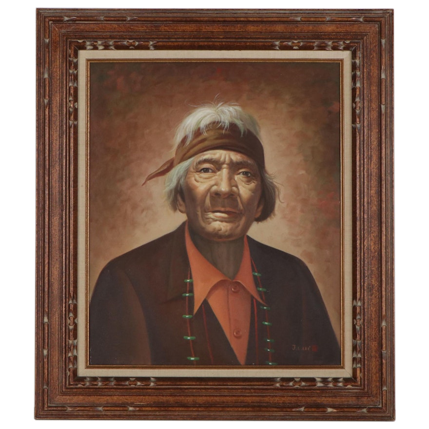 Oil Portrait of Native American Elder, Late 20th Century