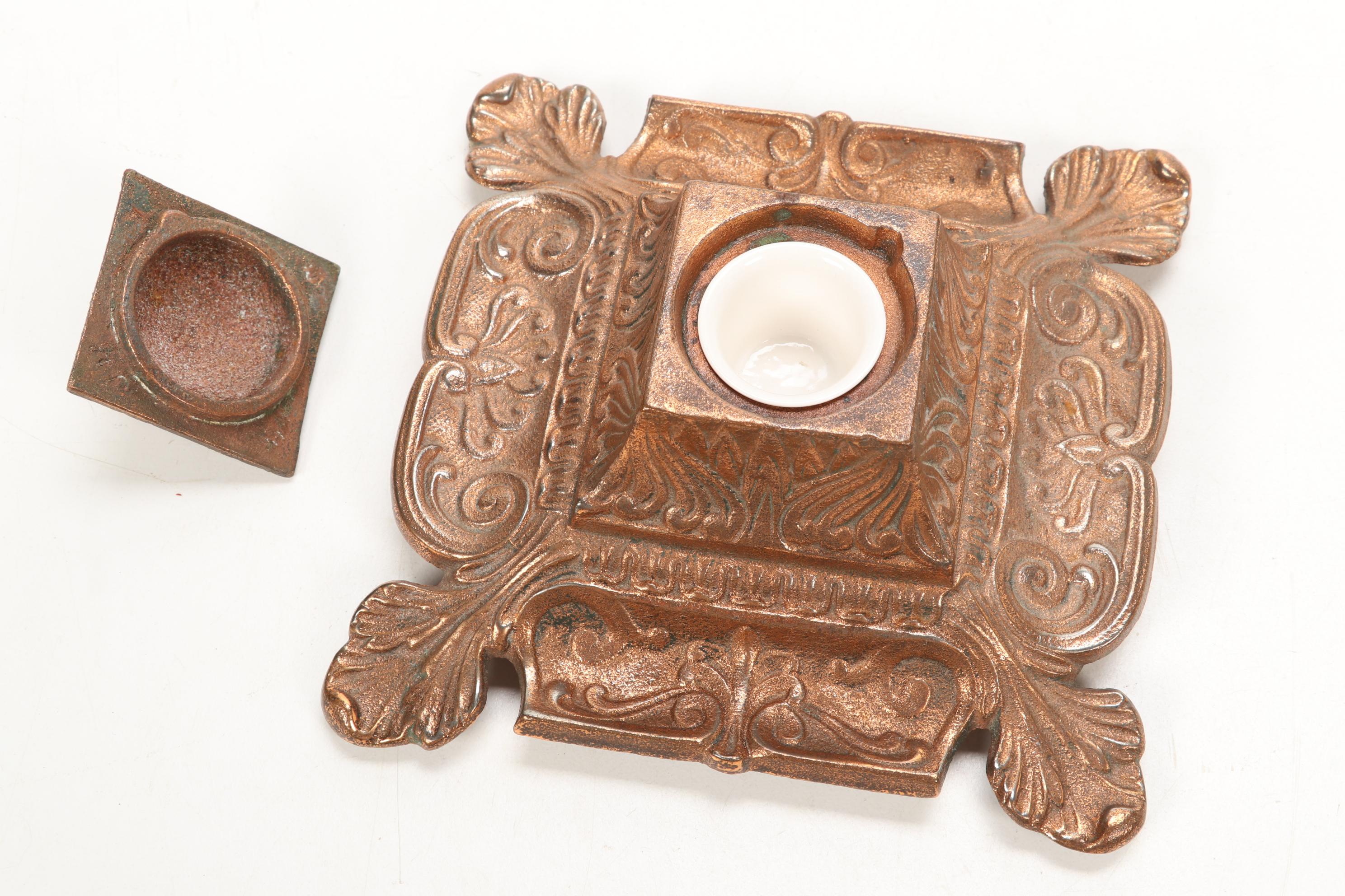 Iron Art Cast Iron Inkwell with Foliate Motif