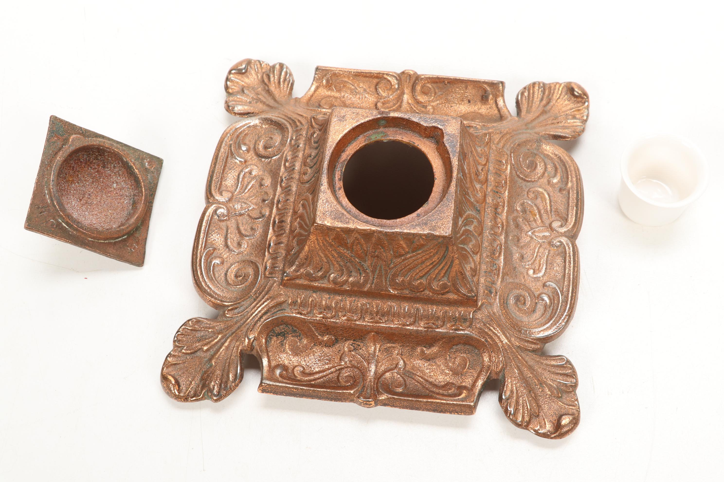 Iron Art Cast Iron Inkwell with Foliate Motif