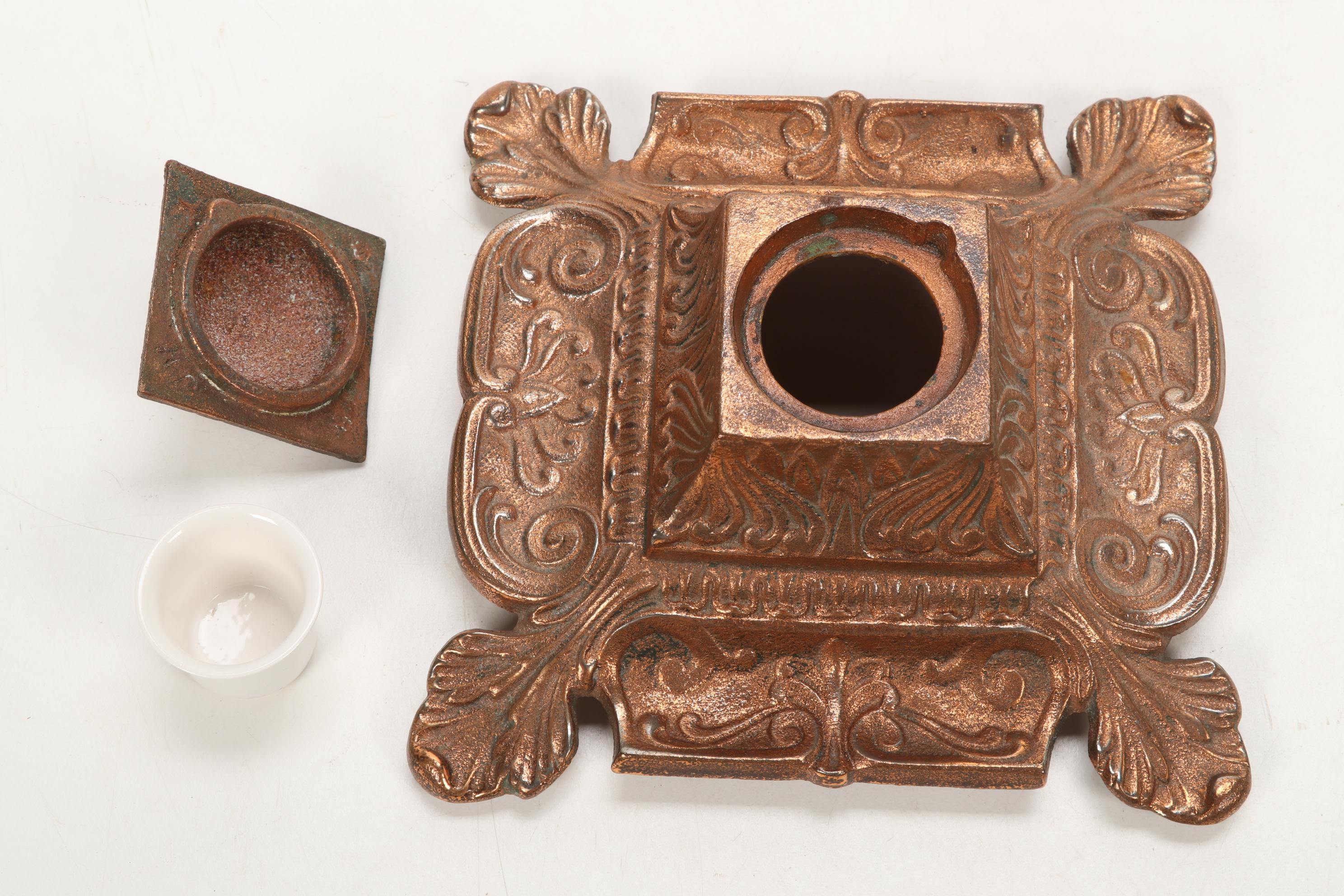 Iron Art Cast Iron Inkwell with Foliate Motif