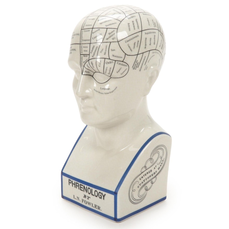 After L. N. Fowler Crackle Glaze Ceramic Phrenology Bust