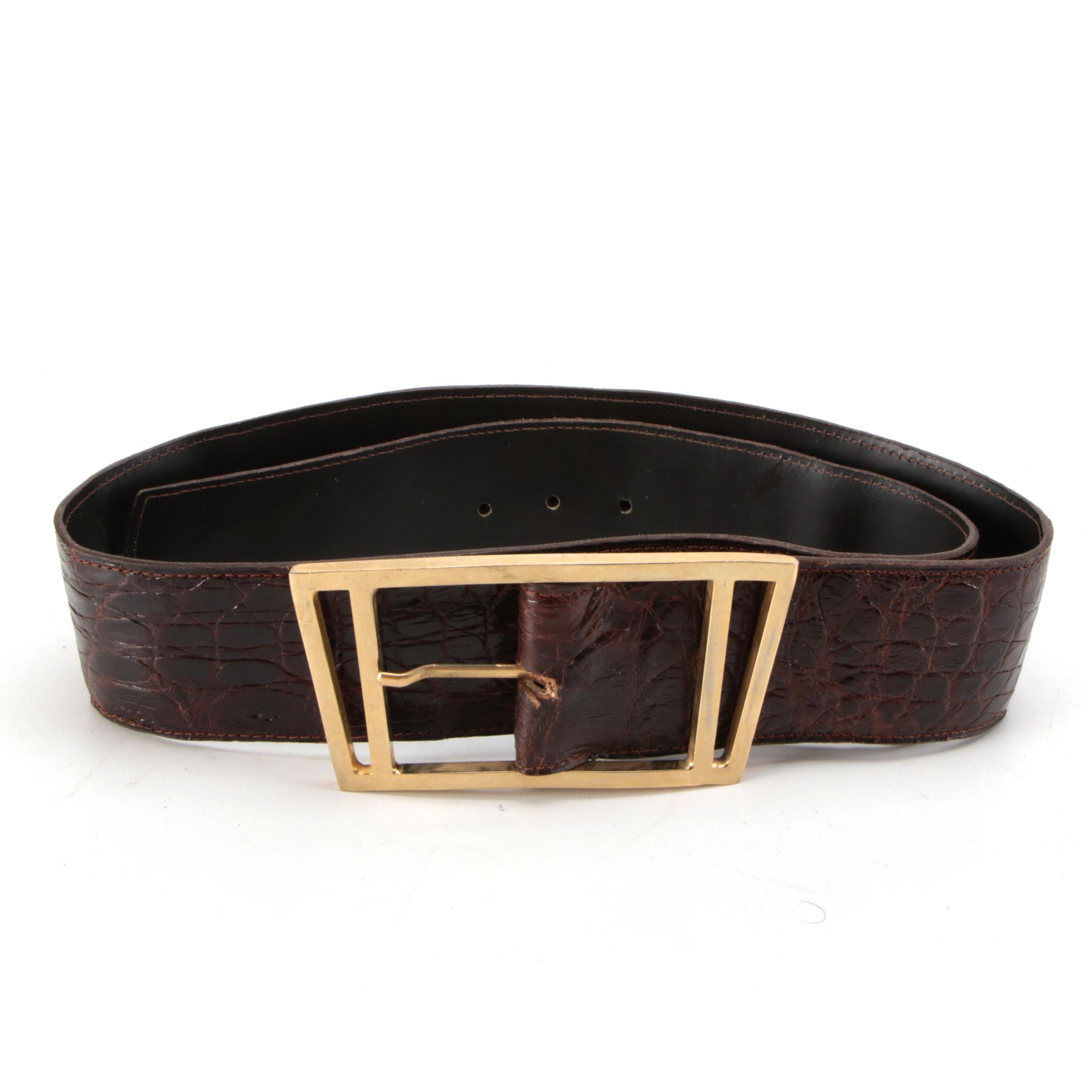 Argentinian Caiman Skin Belt with Gold-Tone Buckle