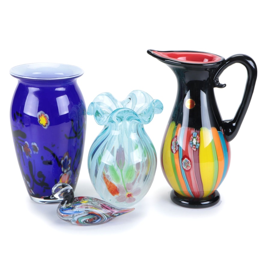 Italian Handblown Art Glass Pitcher with Other Art Glass Vases and Figurine