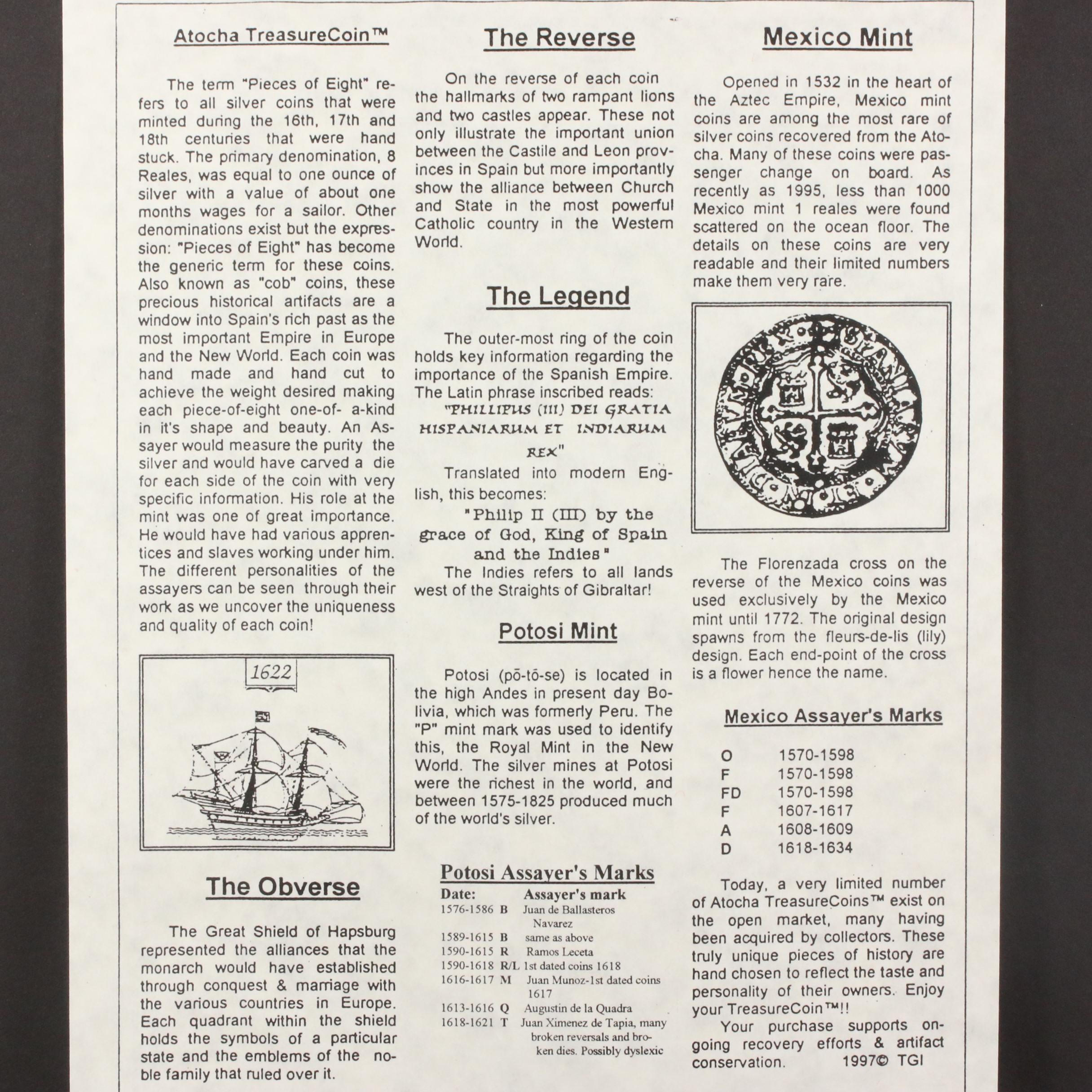 Spanish Colonial (Bolivia) 8 Reales Cob Coin Recovered From Atocha Shipwreck