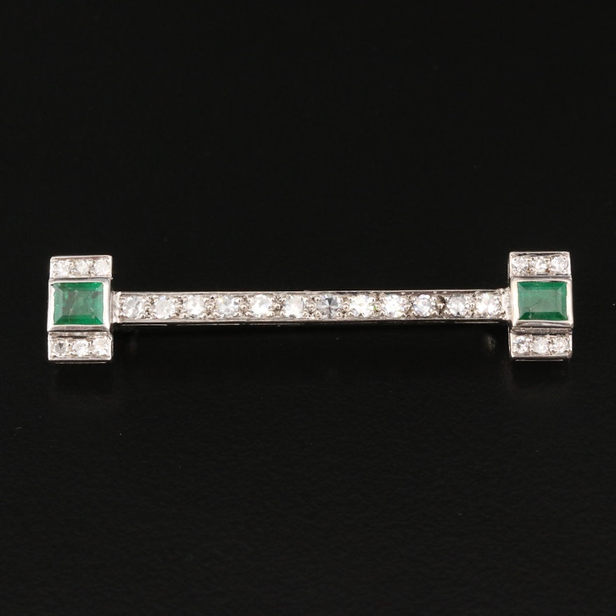 Art Deco 800 Silver Emerald and Diamond Brooch