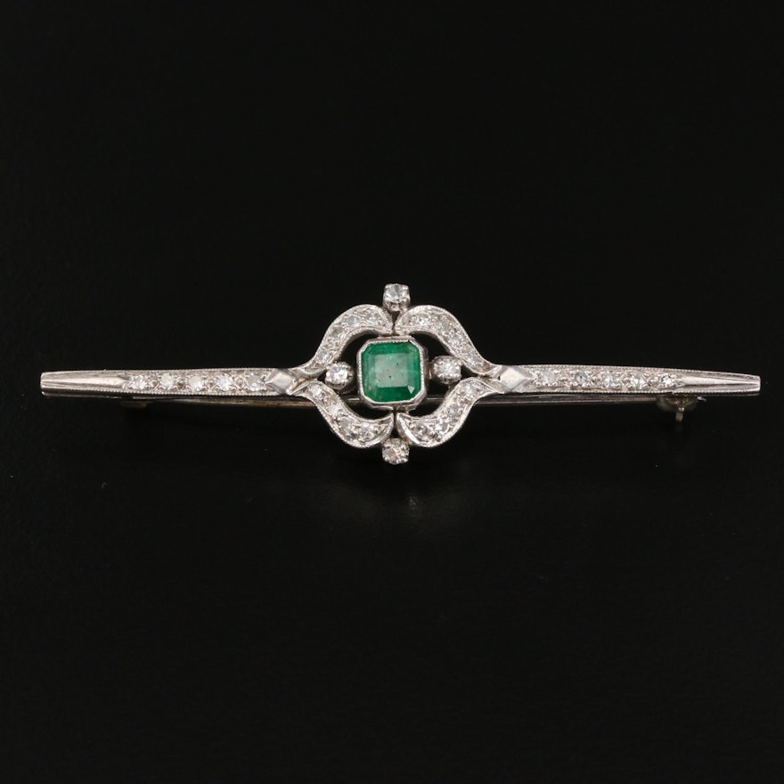 Vintage 800 Silver Emerald and Diamond Brooch