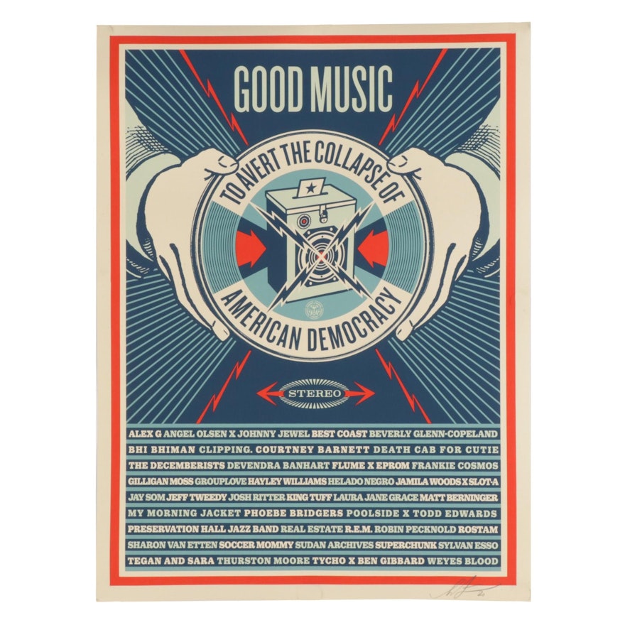 Shepard Fairey Poster "Good Music To Avert The Collapse Of American Democracy"