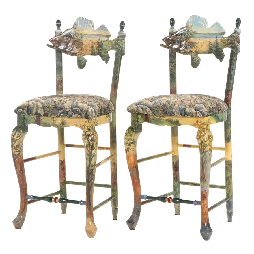 Pair of MacKenzie-Childs "Forest Fish" Hand-Painted Maple Frame Counter Stools