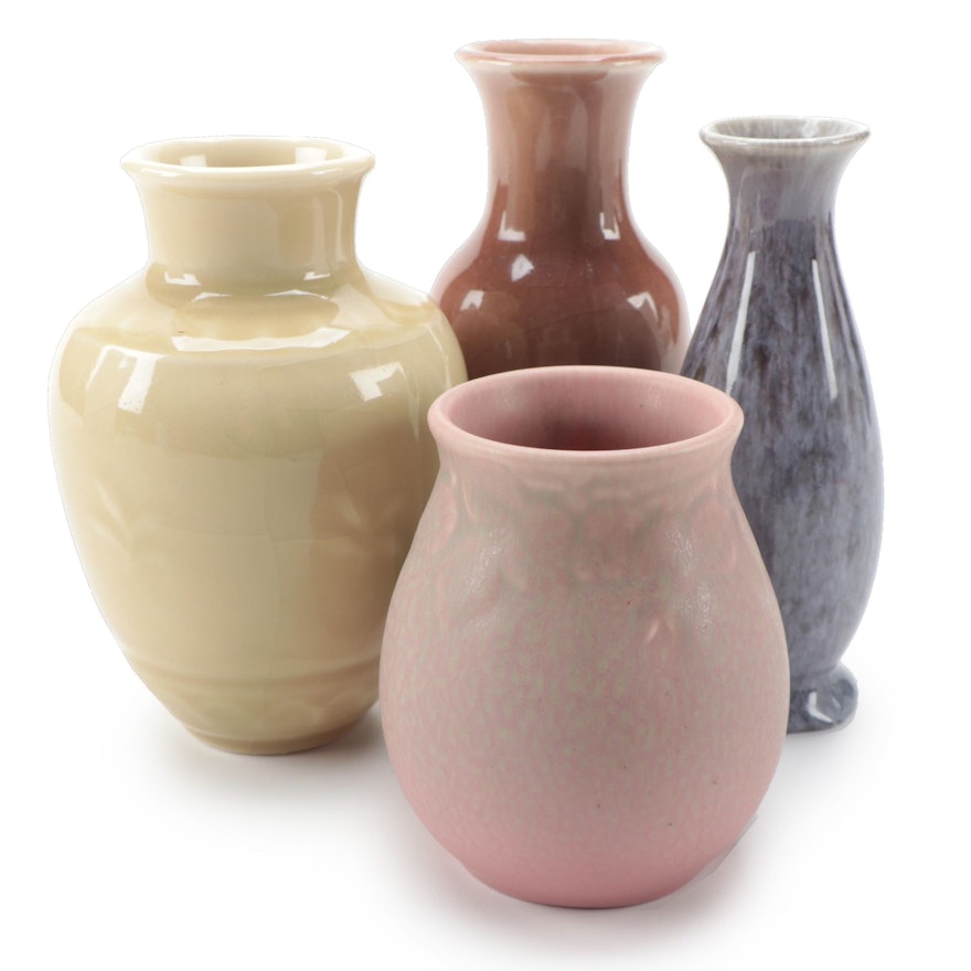Rookwood Green to Pink Matte Glaze Ceramic Vase with Other Rookwood Vases