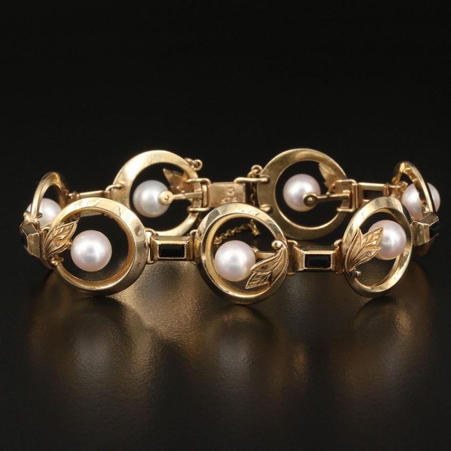 Vintage Mikimoto 14K Pearl and Black Onyx Link Bracelet