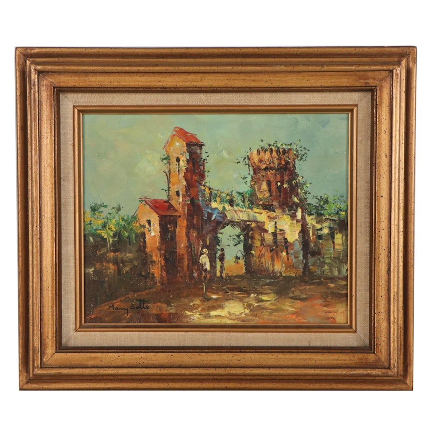 Mary Botto European Village Scene Oil Painting, Late 20th Century