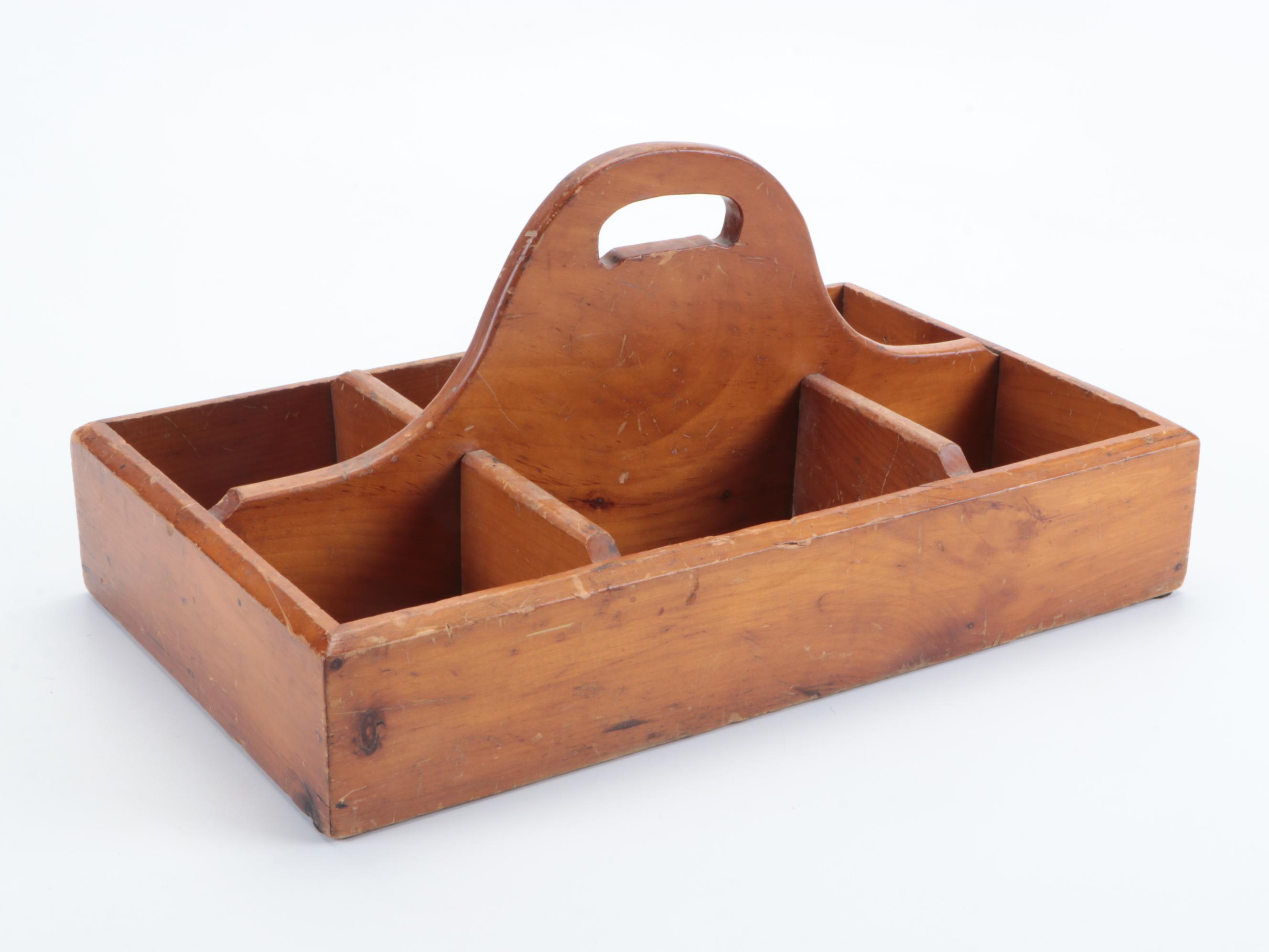 Carved Wooden Segmented Tool Carrier Box with Handle