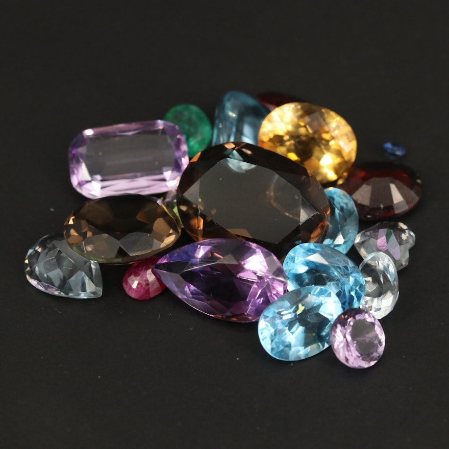 Loose Mixed Gemstones Including Amethyst, Swiss Blue Topaz and Smoky Quartz