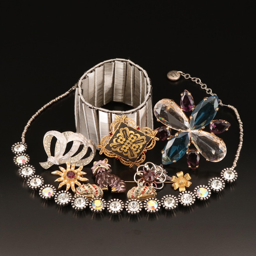 Jewelry Including Damascene, Dog Brooch, Rhinestones, Enamel and Faux Pearl