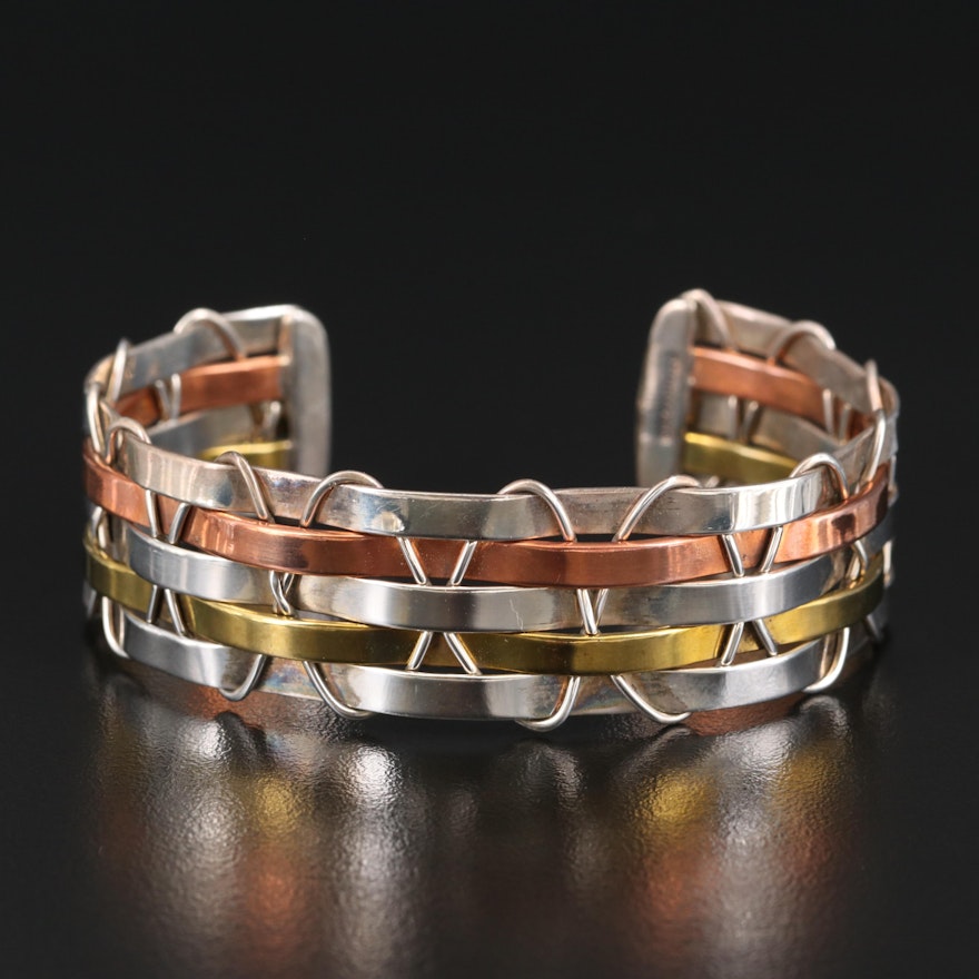 Mexican Sterling Silver, Brass and Copper Interwoven Cuff