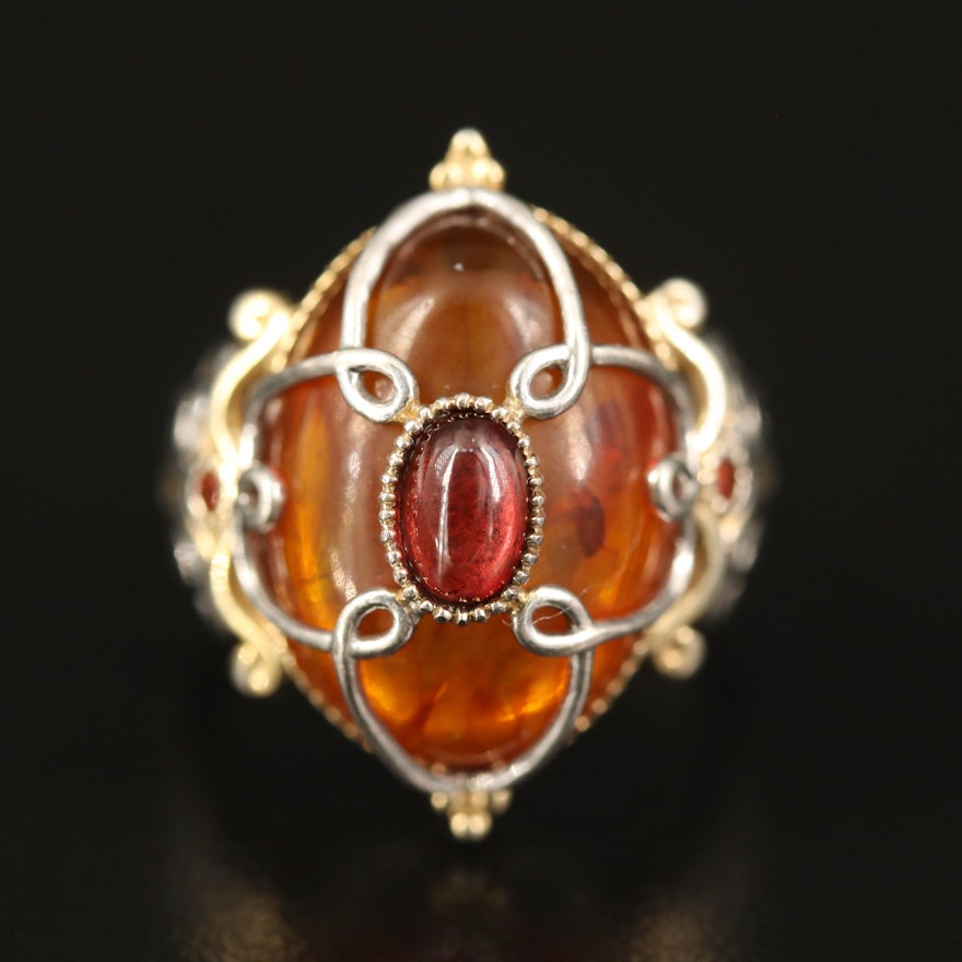 Sterling Amber, Garnet and Topaz Ring