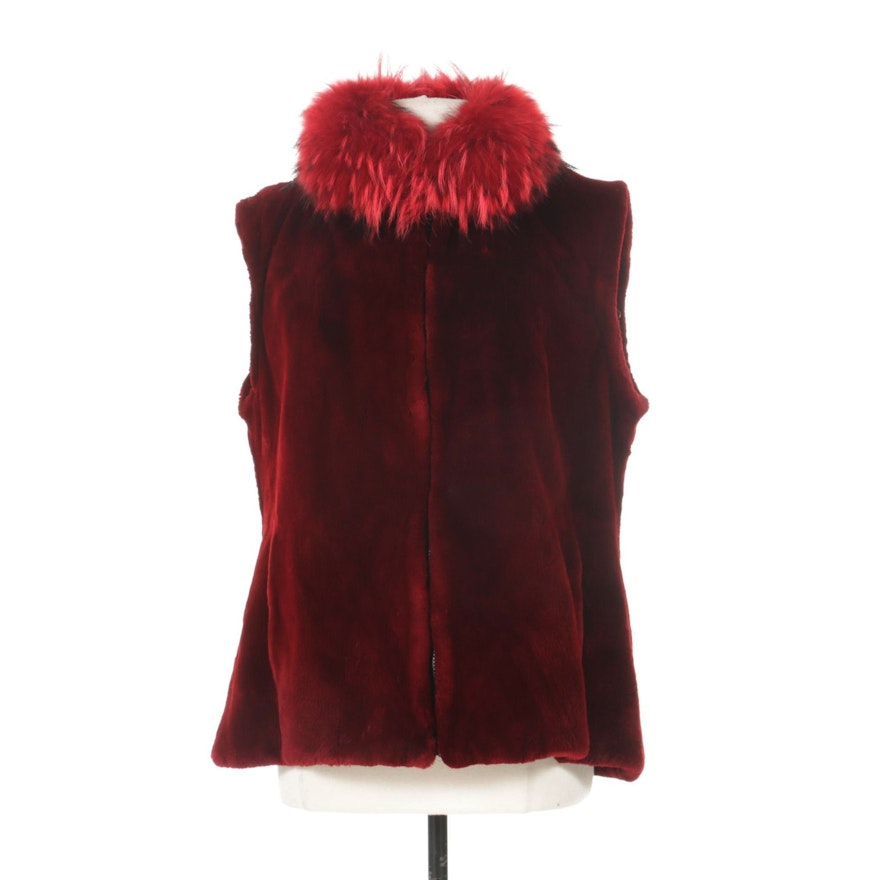 Musi Red Dyed Sheared Mink Vest with Fox Fur Trim