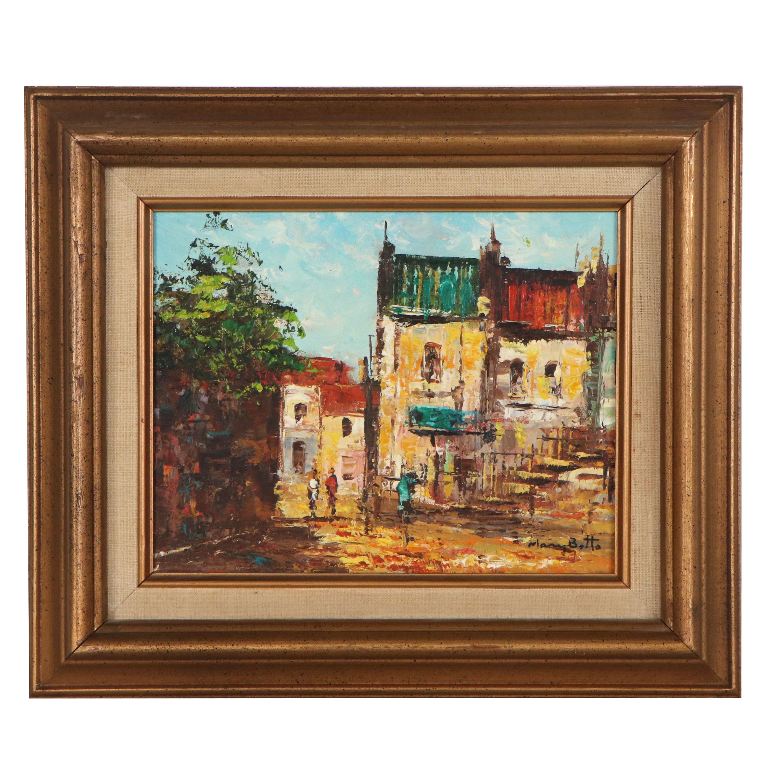 Mary Botto European Street Scene Oil Painting, Late 20th Century