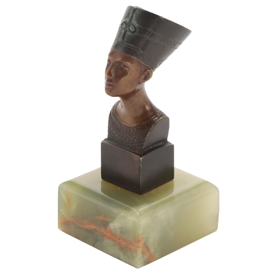 Bronze Nefertiti Miniature Bust on Polished Green Onyx Base