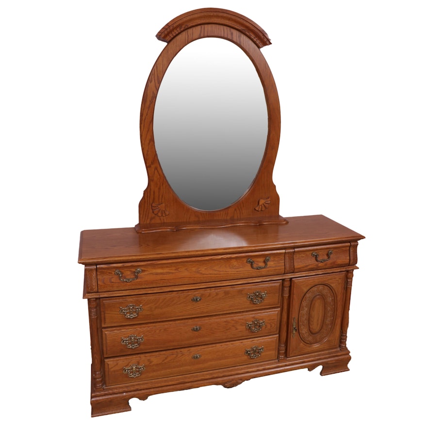 Stanley Furniture Oak Dresser with Attached Engraved Mirror