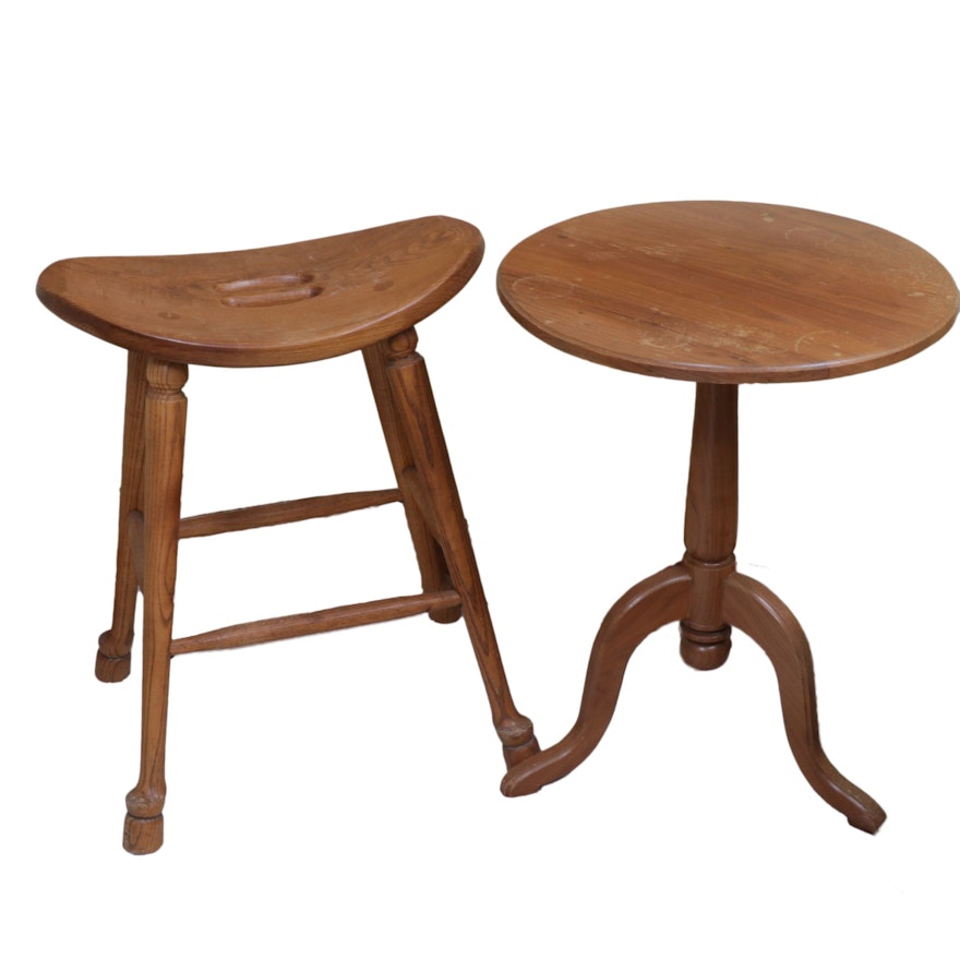 Hand-Crafted American White Oak Stool and Tripod Table, 20th Century