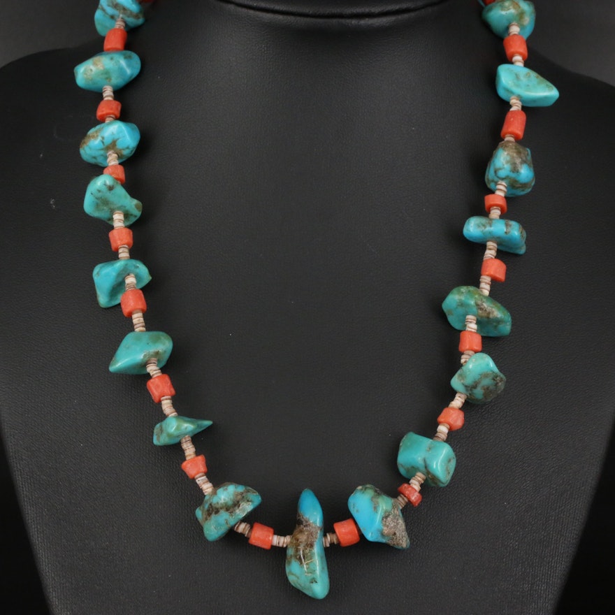 Turquoise and Coral Necklace with Sterling Clasp