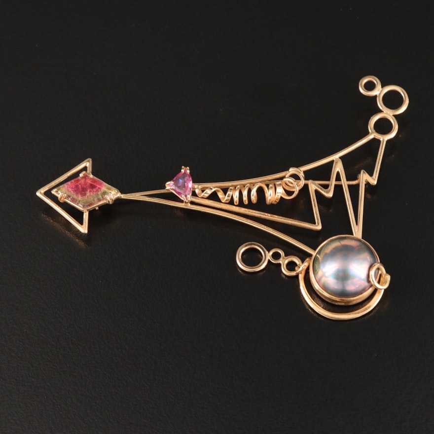 14K Abstract Brooch Including Pearl, Parti-Colored Tourmaline and Ruby