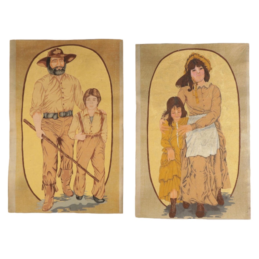 American Prairie Figures Lithographic Prints on Fabric, Mid to Late 20th Century