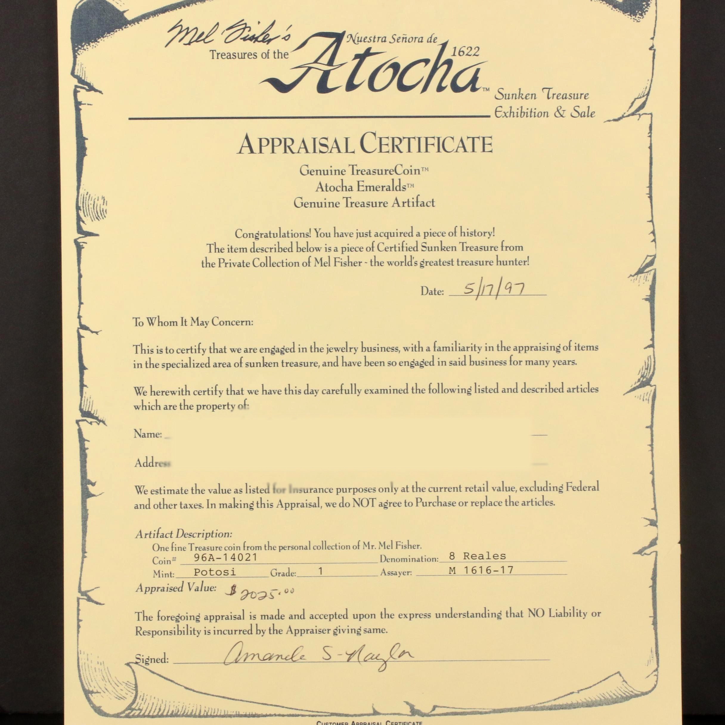 Spanish Colonial (Bolivia) 8 Reales Cob Coin Recovered From Atocha Shipwreck