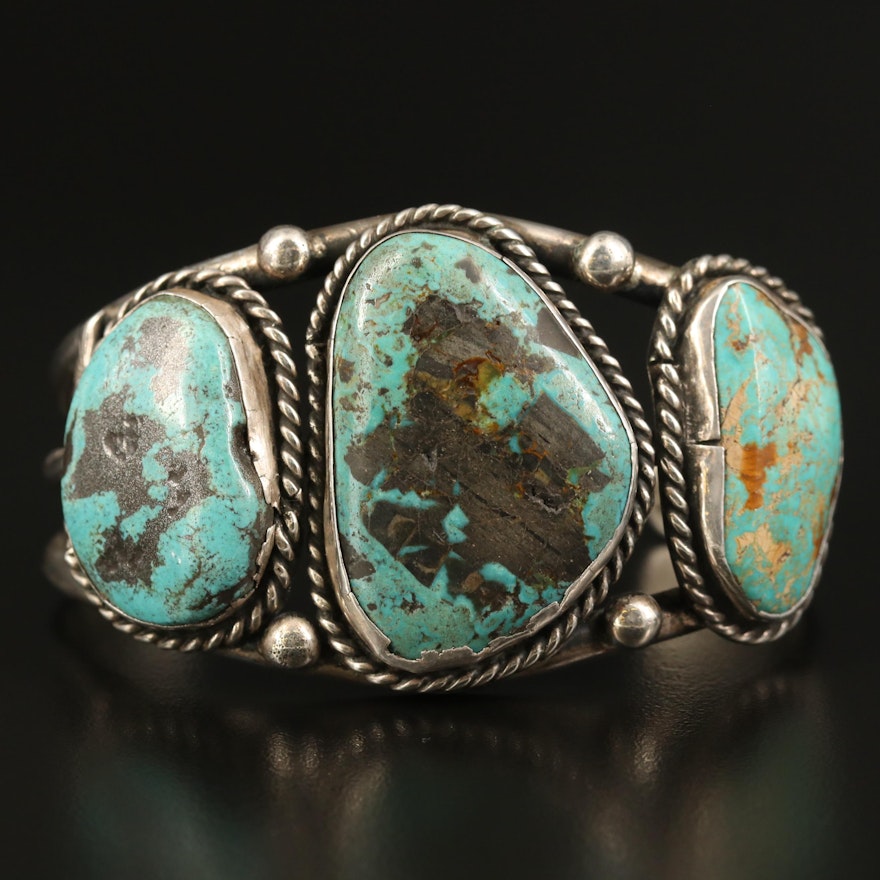 Southwestern Sterling Turquoise Cuff with Braided Accents