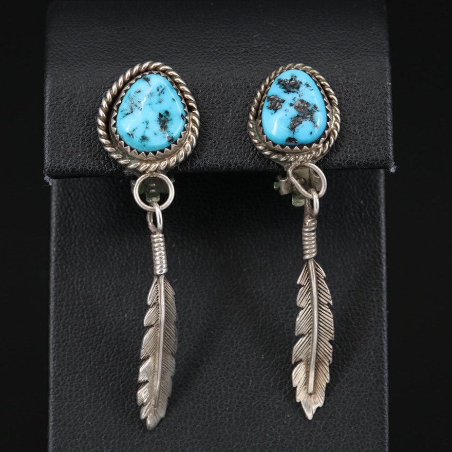 Signed Southwestern Sterling Turquoise Clip Earrings with Feather Drops