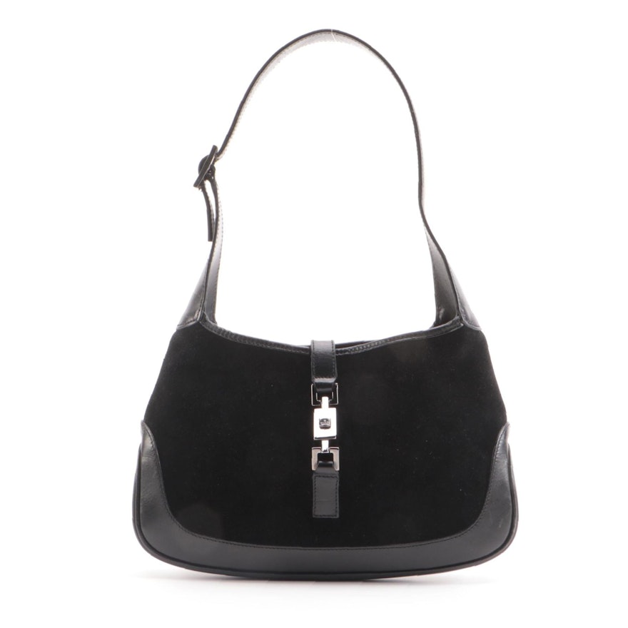 Gucci Jackie O Small Hobo Bag in Black Suede with Leather Trim